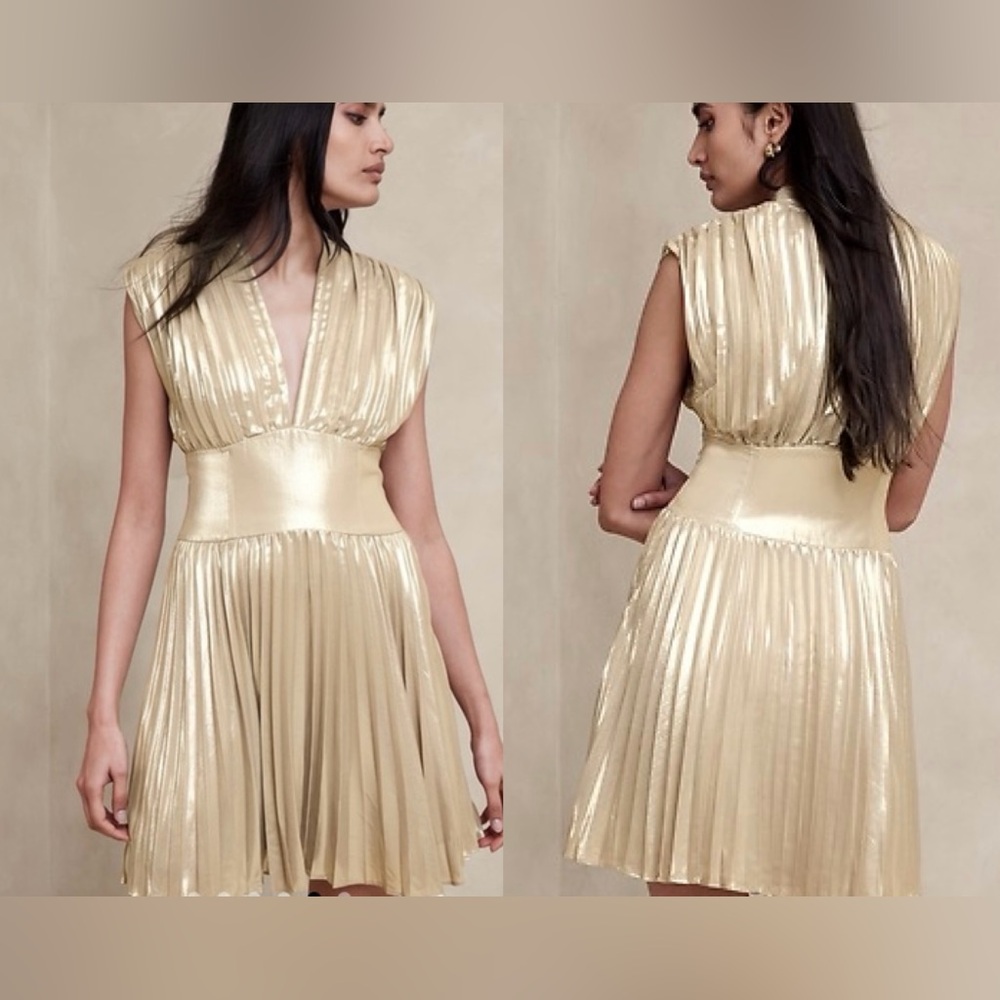 Banana Republic Metallic Gold Pleated Mini Dress